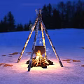 Outdoor Shower Sauna Experience With Bonfire In Snowy Forest Surroundings
