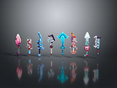 Colorful Pixel Art Weapons With Various Unique Designs And Shapes On 3d model