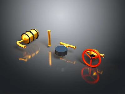 Car Mechanical Parts Including Golden Valves Red Handles And Black Components 3d model