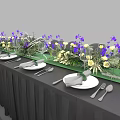 Elegant Dining Table Set With Dark Tablecloth Green Runner Flower Centerpieces Tableware And Gray Chairs