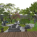 Tranquil Karesansui Garden With Wooden Deck Stone Lanterns White Bird Statues And Mossy Stones