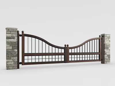 Classic Wooden Entry Gate With Curved Top And Stone Pillars Design 3d model