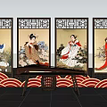 Traditional Chinese Interior With Four Screens Ancient Women Guzheng And Red Wave Patterns