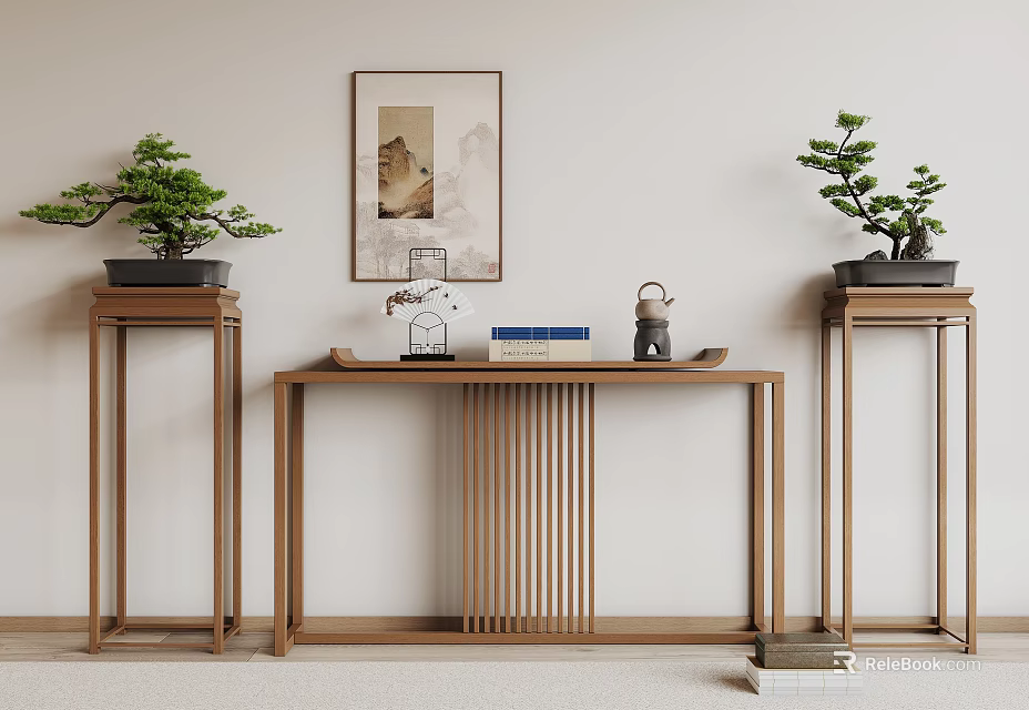 Chinese Style Console Table with Potted Plants on Both Sides and Decorative Painting Above 3d model 