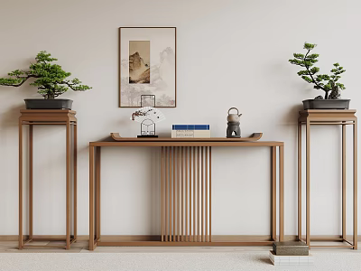 Chinese Style Console Table with Potted Plants on Both Sides and Decorative Painting Above 3d model