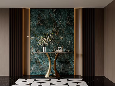 Elegant Entryway Design With Green Marble Backdrop Gold Trim Curved Console Table And Geometric Rug 3d model