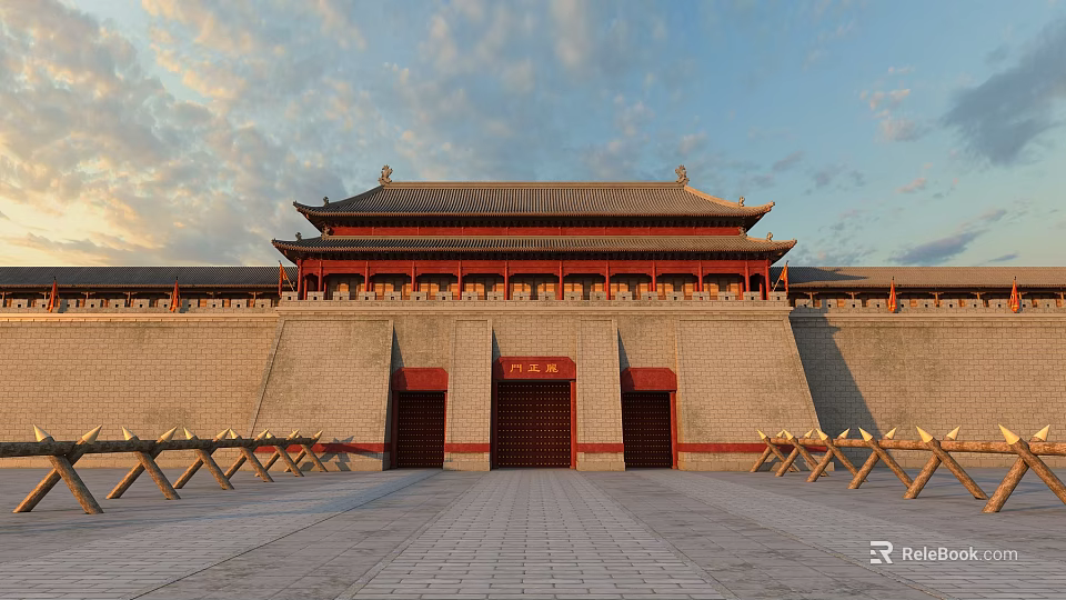 Grand Traditional Ancient Chinese Architecture With Multi Tiered Red Roof And Stone Paved Plaza 3d model 