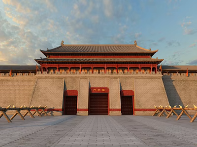 Grand Traditional Ancient Chinese Architecture With Multi Tiered Red Roof And Stone Paved Plaza 3d model