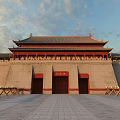 Grand Traditional Ancient Chinese Architecture With Multi Tiered Red Roof And Stone Paved Plaza