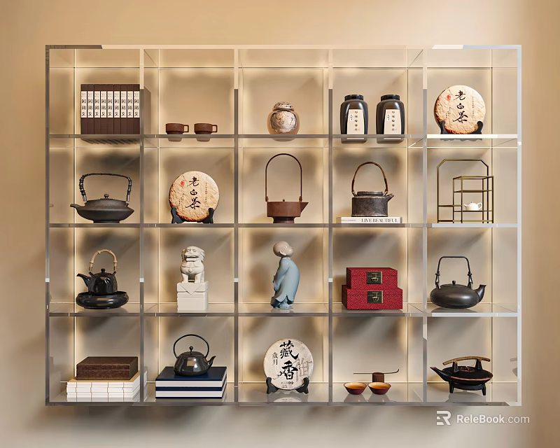 Traditional Chinese Curio Shelf Display With Teapots Ceramic Items And Decorative Statues 3d model 