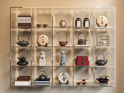 Traditional Chinese Curio Shelf Display With Teapots Ceramic Items And Decorative Statues 3d model