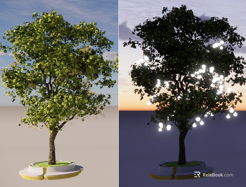 Arbor With Green Leaves In Daytime And String Lights At Night On Base Platform 3d model 