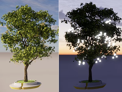 Arbor With Green Leaves In Daytime And String Lights At Night On Base Platform 3d model
