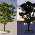 Arbor With Green Leaves In Daytime And String Lights At Night On Base Platform 3d model
