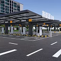 Solar Panel Covered Parking Lot with Modern Building and Green Trees Around