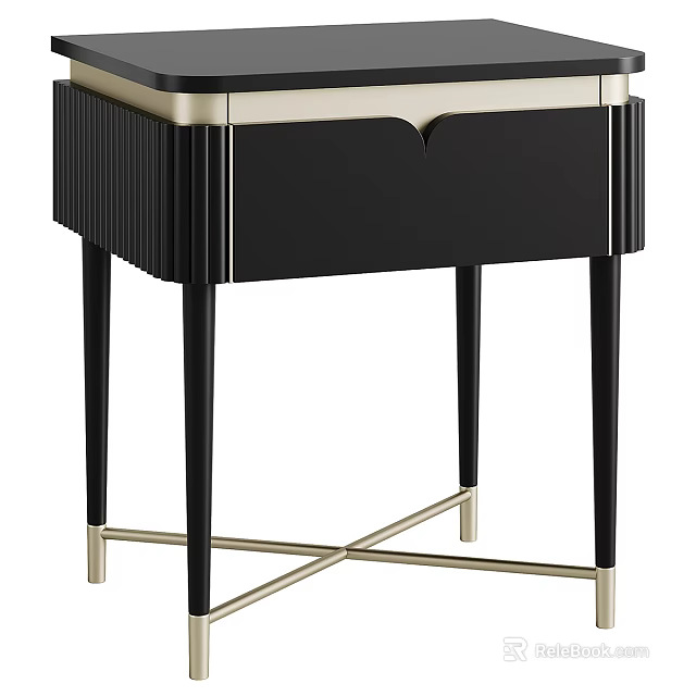 Elegant Black Side Table With Gold Accents Drawer And Cross Metal Legs 3d model 