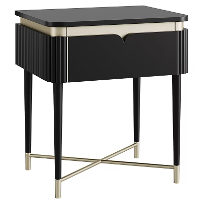 Elegant Black Side Table With Gold Accents Drawer And Cross Metal Legs 3d model