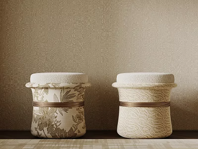 Pair Of Elegant Fabric Upholstered Stools With Delicate Patterns For Warm Cozy Home Interior Decoration 3d model