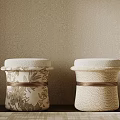 Pair Of Elegant Fabric Upholstered Stools With Delicate Patterns For Warm Cozy Home Interior Decoration