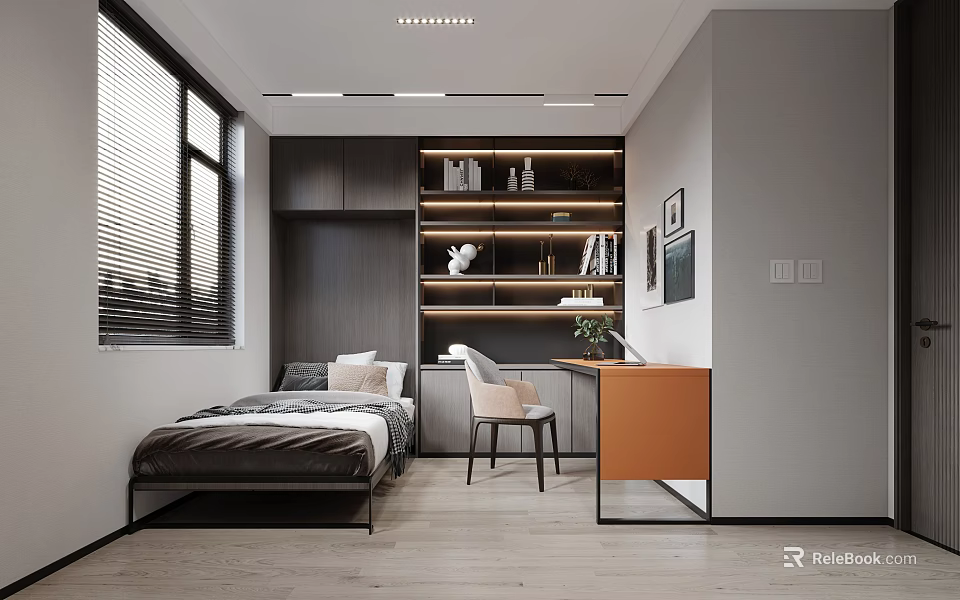 Modern Bedroom Interior with Bed Desk Chair Bookshelf Books Wooden Floor and Blinds 3d model 