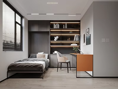 Modern Bedroom Interior with Bed Desk Chair Bookshelf Books Wooden Floor and Blinds 3d model