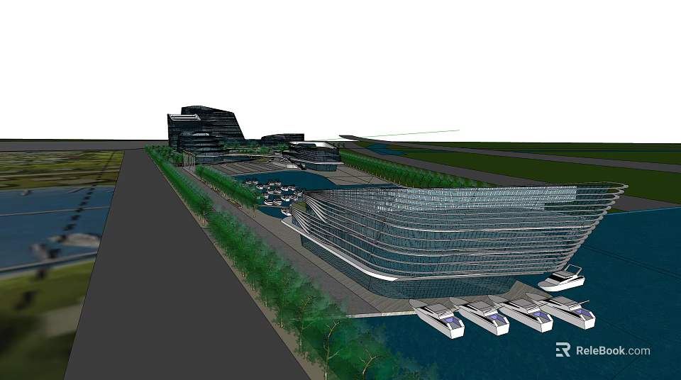 Modern Architectural Office Building With Streamlined Exterior Waterfront Greenery And Moored Boats 3d model 