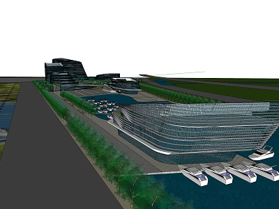 Modern Architectural Office Building With Streamlined Exterior Waterfront Greenery And Moored Boats 3d model