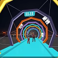 Colorful Hexagonal Arches Event Gateway Night Scene With Blue Floor People Walking City Lights Background