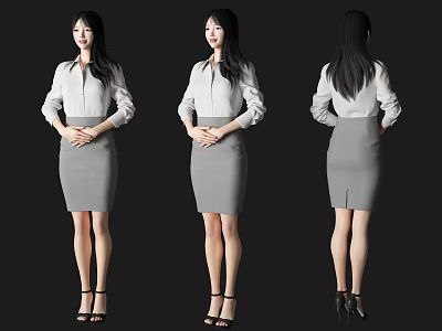 Professional Woman In White Shirt Gray Skirt High Heels Displayed In Front Side Back Views 3d model