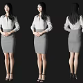 Professional Woman In White Shirt Gray Skirt High Heels Displayed In Front Side Back Views