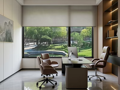Modern Office Interior With Large Windows Green Outdoor View Desk Computer And Brown Chairs 3d model