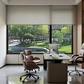 Modern Office Interior With Large Windows Green Outdoor View Desk Computer And Brown Chairs