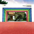 Colorful Outdoor Stage With Rainbow Archway Green Lawn And Pavilion Seats