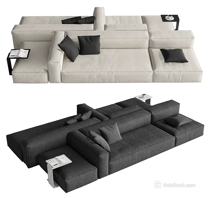Large Modular Sectional Sofa In Light And Dark Gray With Plush Cushions And Side Table 3d model 