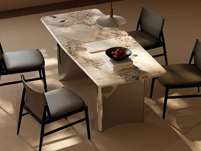 Modern Dining Table Set With Marble Top Four Black Chairs Pendant Light And Fruit Bowl 3d model