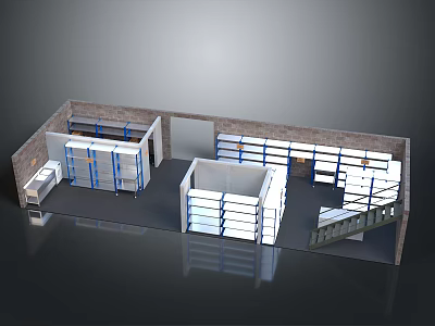 Interior Layout With Multiple Wall mounted Bookshelves And Central Storage Units 3d model