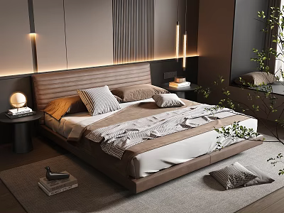 Double Bed with Brown Headboard Pillows Blanket Nightstand Lamp and Plants in Modern Bedroom 3d model