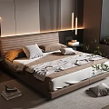 Double Bed with Brown Headboard Pillows Blanket Nightstand Lamp and Plants in Modern Bedroom