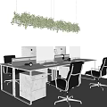 Modern Office Desk Setup With Multiple Computer Monitors Black Chairs And Hanging Green Plants