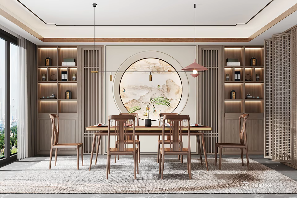 Chinese Style Restaurant Interior With Wooden Dining Table Round Decorative Painting Bookshelves And Hanging Lights 3d model 