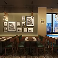 Cozy Restaurant Interior With Hanging Chandeliers Wooden Tables Green Chairs And Large Windows