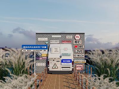 Garden Landscape Featuring Wooden Plank Path White Reed Like Plants And Signage Decorated Wall 3d model