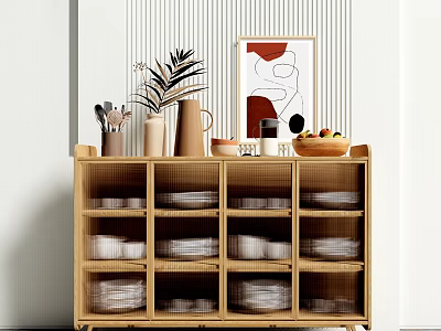 Minimalist Modern Wooden Sideboard With Potted Plant Vase Mugs Fruit Bowl And Decorative Painting 3d model