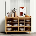 Minimalist Modern Wooden Sideboard With Potted Plant Vase Mugs Fruit Bowl And Decorative Painting