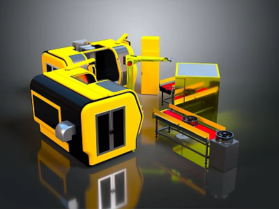 Yellow And Black Commercial Equipment Machinery Units With Conveyor Belt And Control Panel 3d model
