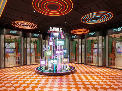 Public Facility With Circular Neon Ceiling Lights Multi Level Display And Checkered Floor 3d model