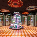 Public Facility With Circular Neon Ceiling Lights Multi Level Display And Checkered Floor