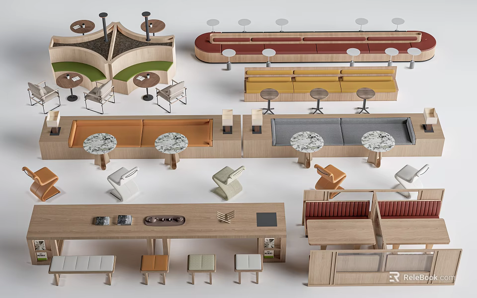 Modern Booth Sofas With Wooden Frames Colorful Cushions And Various Styles 3d model