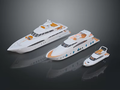 Three Modern White Yachts With Orange Accents On Reflective Water Surface Design 3d model