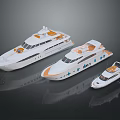 Three Modern White Yachts With Orange Accents On Reflective Water Surface Design